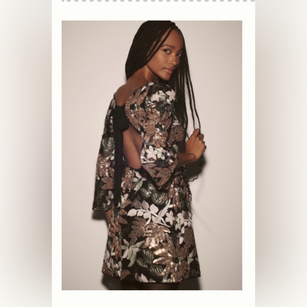Anthropologie Black and Gold Sequined Backless Dress